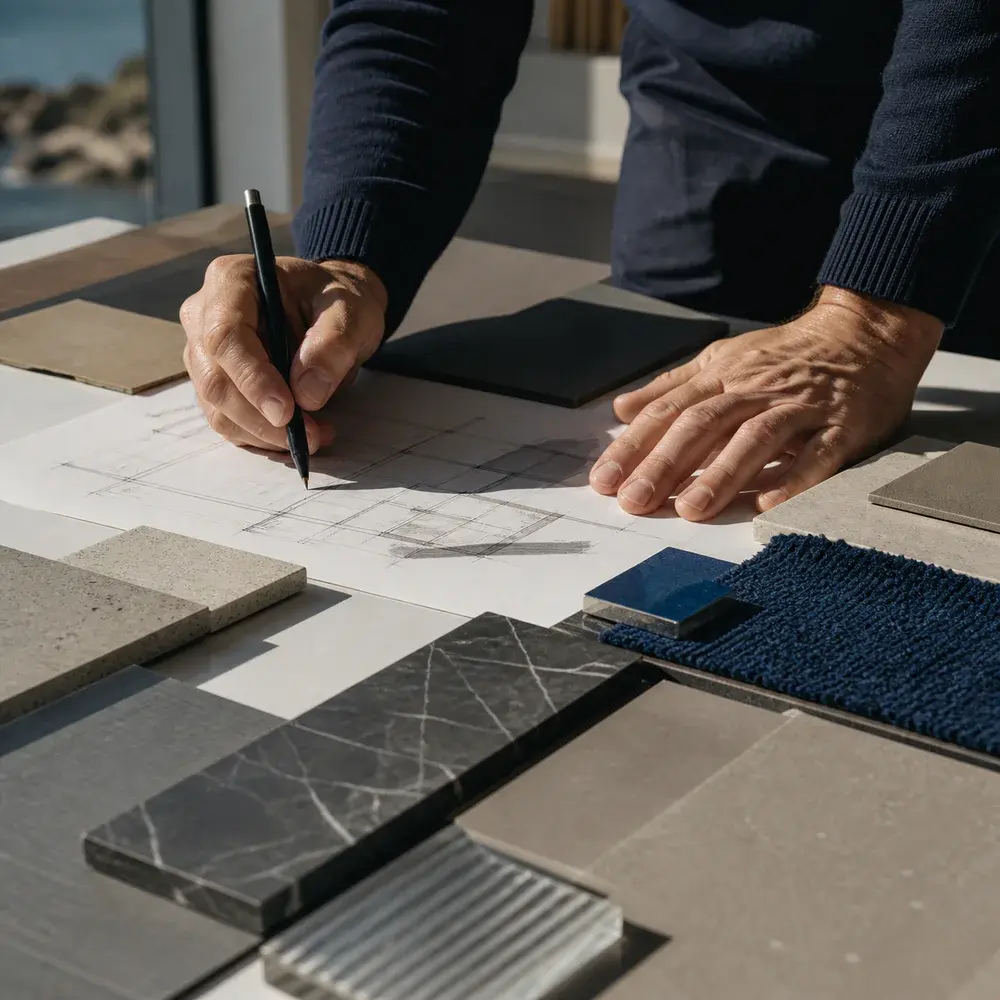 An experienced professional reviewing a plan and materials with precision